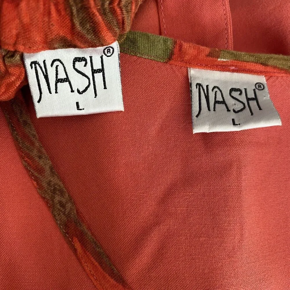 Nash Blouse Skirt Set Womens Large Coral Red Green Boho 90s Rayon Short Sleeve